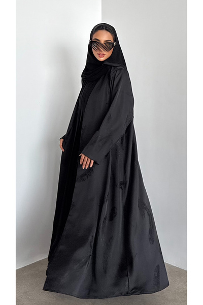 outline Black abaya with a dress attached in cool summer jacquard fabric