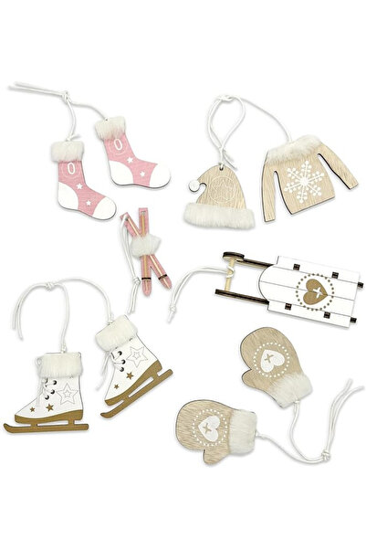 Apragaz Set de 6 decorațiuni pentru bradul de Crăciun, lemn, /roz/alb