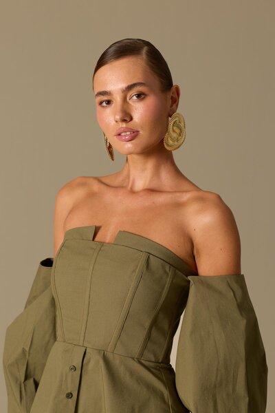 NOK İSTANBUL Dusk Volume 100% Cotton Corset Shirt Top Haki