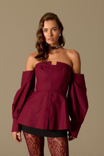 NOK İSTANBUL Dusk Volume 100% Cotton Corset Shirt Top Burgundy