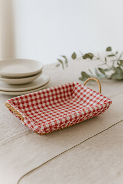 YUNUSOĞLU HOME Wicker Bread Basket – Rectangular Decorative Breakfast Basket with Red and White Checkered Fabric