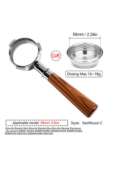 Choice1 حامل قهوة بدون قاع من خشب الورد مقاس 58 مم بثلاث آذان لماكينة Brevill...