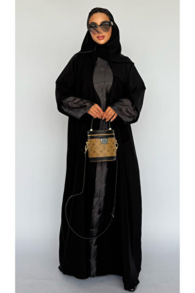 outline Black wavy quarter-cloche abaya with a summer brown jacquard piece