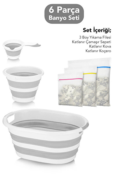 Meleni Home 6'lı Banyo Seti - Katlanabilir Çamaşır Sepeti Katlanır Su Kovası ...