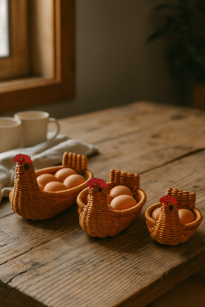 YUNUSOĞLU HOME Chicken-Shaped Basket 3-Piece Set – Wicker Egg Basket, Bread Basket, and Decorative Storage Basket
