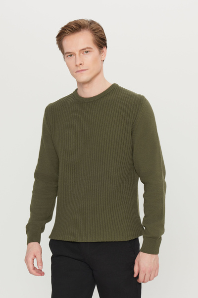 AC&Co / Altınyıldız Classics Men's Khaki Cotton Standard Fit Regular Cut Crew Neck Jacquard Knitwear Sweater