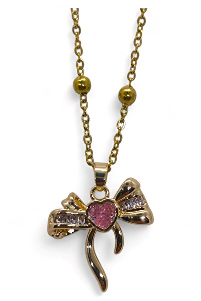 X-Lady Accessories Altın Renk Pembe Taş Fiyonk Model Top Zincir Çelik Kolye- 3714