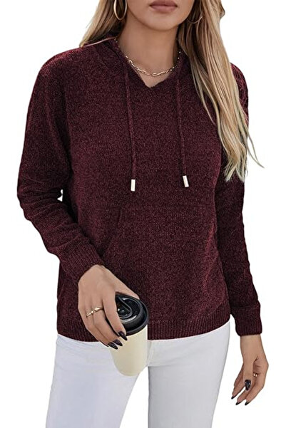 OEM Bluză tricotată lejeră cu mâneci lungi, pulover de damă, visiniu XL