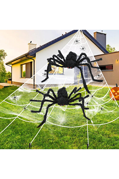 Hotsan Halloween spider web and 52 spiders set, plastic/textile, black/white