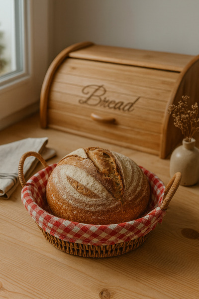 YUNUSOĞLU HOME Round Woven Bread Basket – Red and White Checkered Fabric Breakfast and Serving Basket