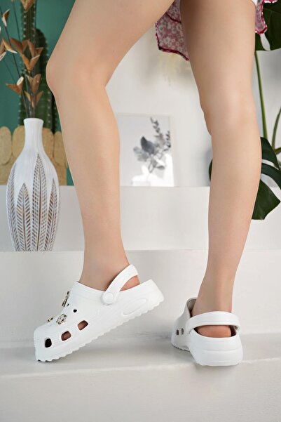 Ludiva Taşlı Şık Tasarım Unisex Terlik Beyaz