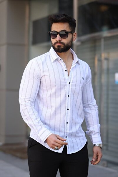 HAZEGO Men's Cotton Line Patterned Shirt