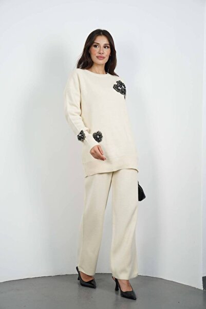 KAŞİHA Women's Embroidered Knitwear Set Sweater Pants