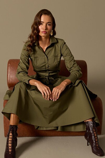 NOK İSTANBUL Luna Line 100% Cotton Stitched Shirt Haki