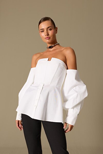 NOK İSTANBUL Dusk Volume 100% Cotton Corset Shirt Top Ecru