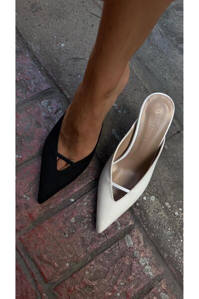 Eataly Shoes Pointed Toe Black Linen Low-Cut Heeled Shoes