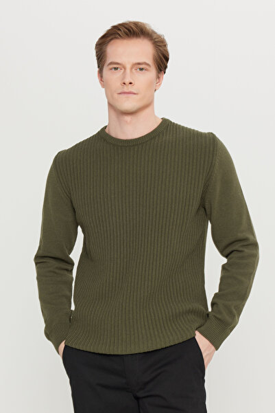 AC&Co / Altınyıldız Classics Men's Khaki Cotton Standard Fit Regular Cut Crew Neck Jacquard Knitwear Sweater