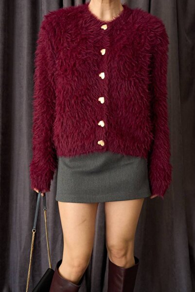 Elysira Women's Heart Buttoned Plush Furry Cardigan