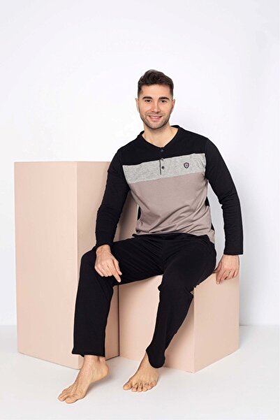 GUAVA+ Ανδρικό σετ πιτζάμες με μαύρο 3 κουμπιά, 100% βαμβάκι, ελαφρύ μακρυμάνικο με τσέπες