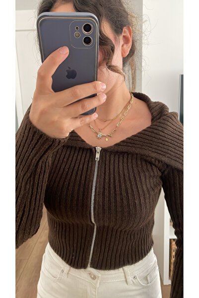 Nihanello Butik Önü fermuarlı acı kahverengi örgü crop hırka