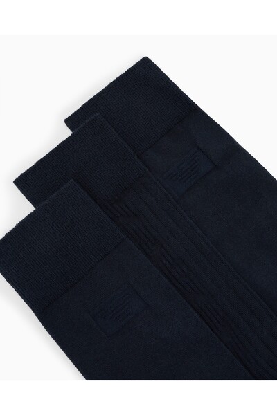 Emporio Armani Men's Jacquard Patterned Stretch Cotton 3-Pack Navy Blue Socks Em000554 Af18180-Mb153