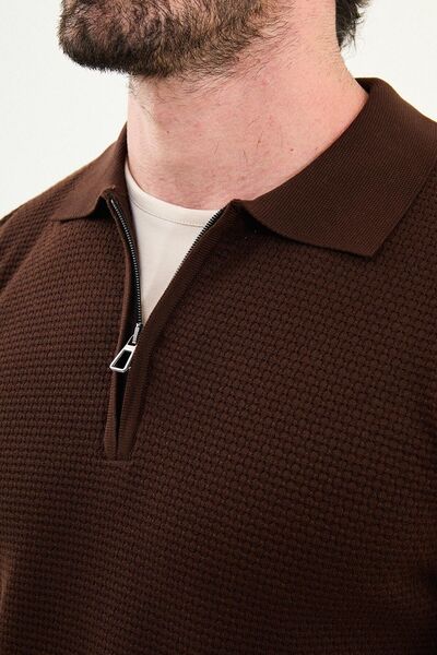 Mcr Textured Slim Fit Zippered Polo Neck Men's Knitwear Sweater Brown - 11567.25K