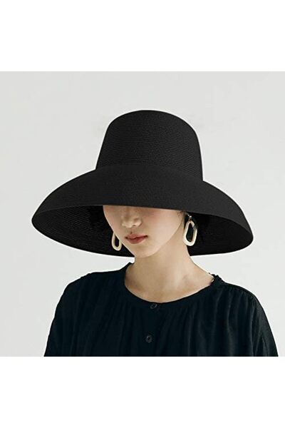 Generic Big Eaves Straw Hat Female Summer Sunscreen Basin Hat Beach Vacation Sunhat Fisherman Hat - Black