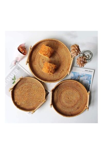 Generic XiuWoo Round Rattan Woven Serving Tray with Handles Brown 24 x 12 x 3.5cm