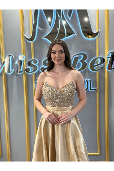 MissBetül Askılı Yırtmaçlı Taşlı Saten Abiye Nişan Elbisesi