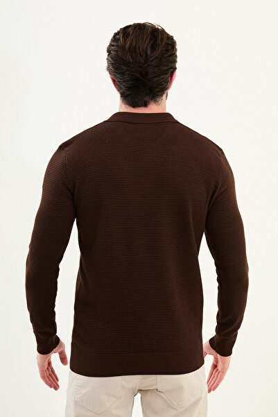 Mcr Ανδρικό πλεκτό πουλόβερ με φερμουάρ με λεπτή εφαρμογή και λαιμόκοψη πόλο καφέ - 11567.25K