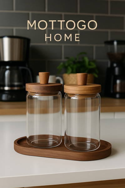 Mottogo Set of 2 Acacia Vacuum Lid Glass Jars with Measuring Spoons 700ml