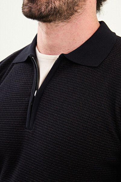 Mcr Textured Slim Fit Zippered Polo Neck Men's Knitwear Sweater Navy Blue - 11567.25K