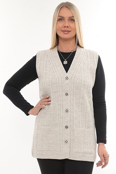 İKSUN Thick Woolen Winter Knitwear Buttoned Mother Vest with Pockets