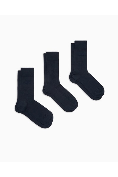 Emporio Armani Men's Jacquard Patterned Stretch Cotton 3-Pack Navy Blue Socks Em000554 Af18180-Mb153