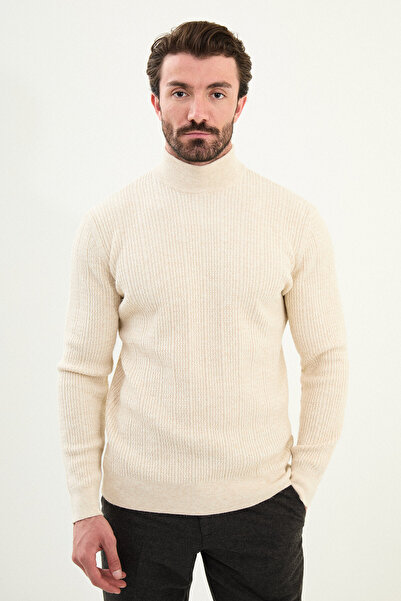 Mcr Striped Slim Fit Half Turtleneck Men's Knitwear Sweater Beige - 11563.25K