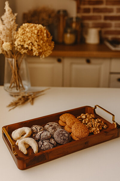 YUNUSOĞLU HOME Acacia Serving Tray – Rectangular Tea and Coffee Presentation Tray with Gold Detail Metal Handles 48X18X6 cm