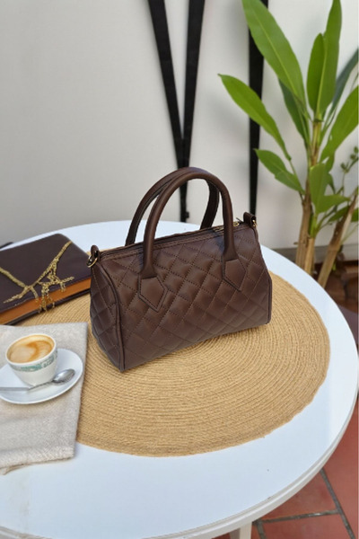 PAPATAY 4616 Brown Mini Quilted Stylish Patterned Women's Strap Hand and Shou...