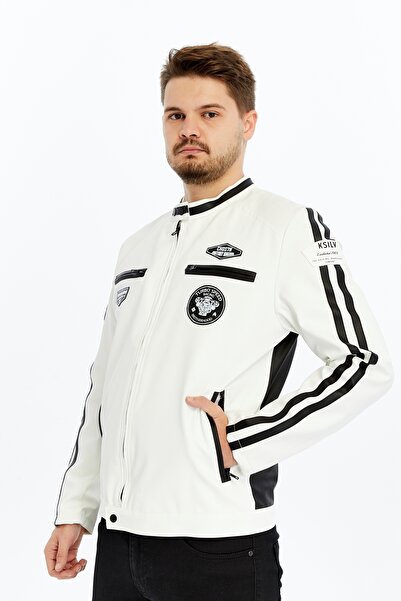 CHOS7N Jachetă pentru motociclist în stil Racing, albă, cu dungi negre, cu imprimeu Arma, buzunar detaliat, cu fermoar