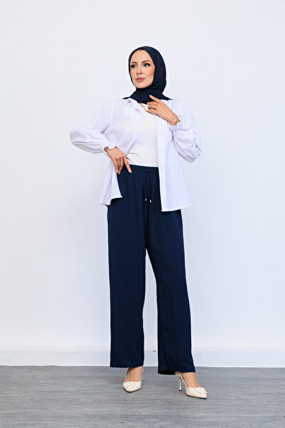 OKTAYUSTA COLLECTİON Women's Elastic Waist Casual Loose Fit Navy Blue Trousers