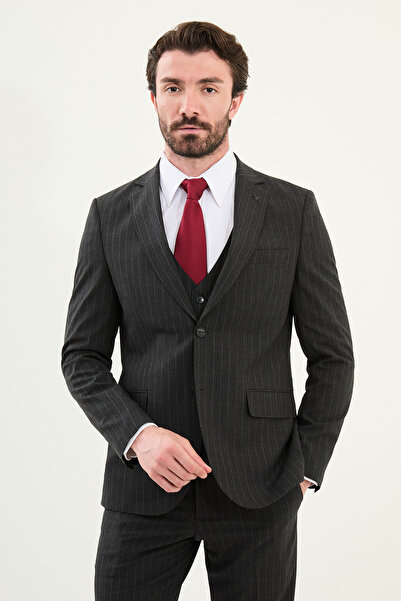 Mcr Striped Slim Fit Mono Collar Wool Men's Suit Anthracite - 45401.25Y