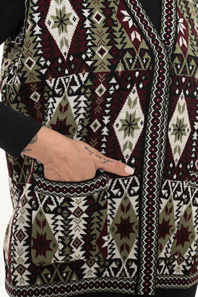 İKSUN Kadın Etnik Model Triko Örgü Kilim Cepli Kışlık Kalın Anne Yelek