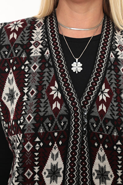 İKSUN Kadın Etnik Model Triko Örgü Kilim Cepli Kışlık Kalın Anne Yelek