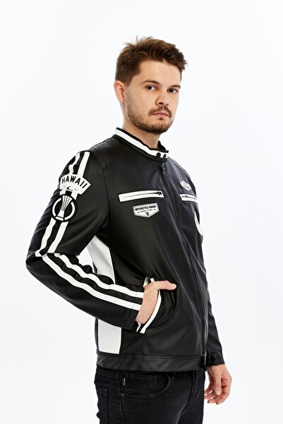 CHOS7N Ανδρικό μπουφάν Racing Style με μαύρες και λευκές ρίγες, με λεπτομέρεια εκτύπωσης Arma, τσέπες και φερμουάρ