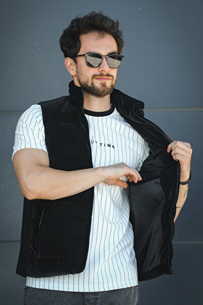 Oksit Lordy Knitted Detailed Pocketed Stand Collar Nova Shiny Fabric Men's Puffer Vest