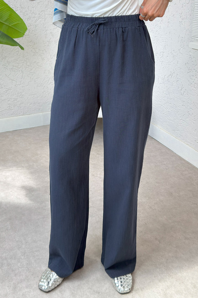 zhrcelebi Pantaloni din in cu buzunare 2394 - ALBASTRU ÎNCHIS