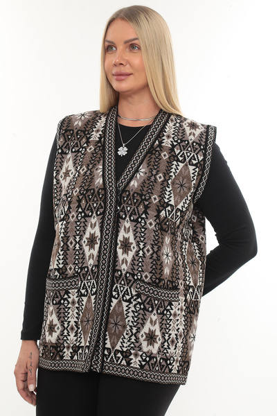 İKSUN Women's Ethnic Style Knitwear Knitted Kilim Pocketed Winter Thick Mother Vest