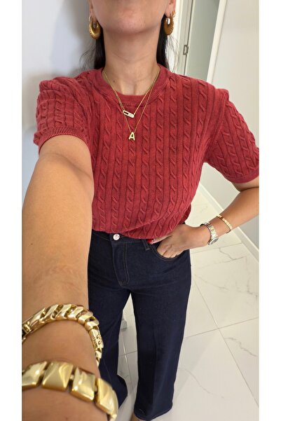 BİRCANÇİL Md Tita Red Knitted Detailed Short Sleeve Knitwear