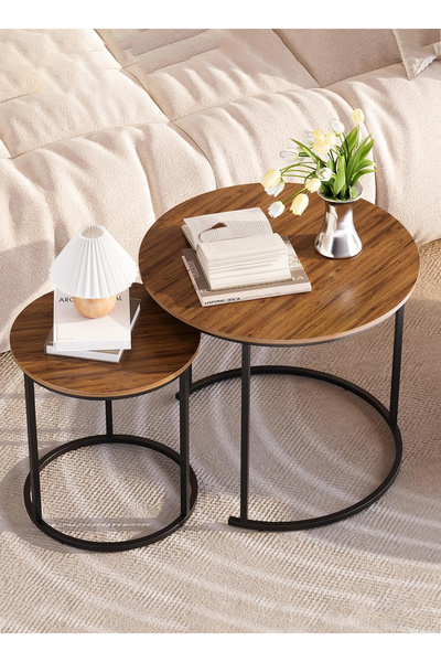 VariFurnx 2pcs Nesting Coffee Table Set of Round Coffee Table Industrial End Table Side Tables