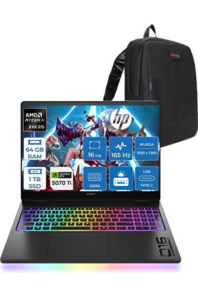 HP Omen Max 16-AK0005NT AI R9 HX375 64GB 1tb 12GB/RTX5070Tİ 16" 400 Nit FDOS ...