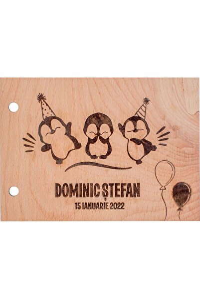 OEM Album Foto Personalizat din lemn model Pinguini de Botez GuestBook HH1553...